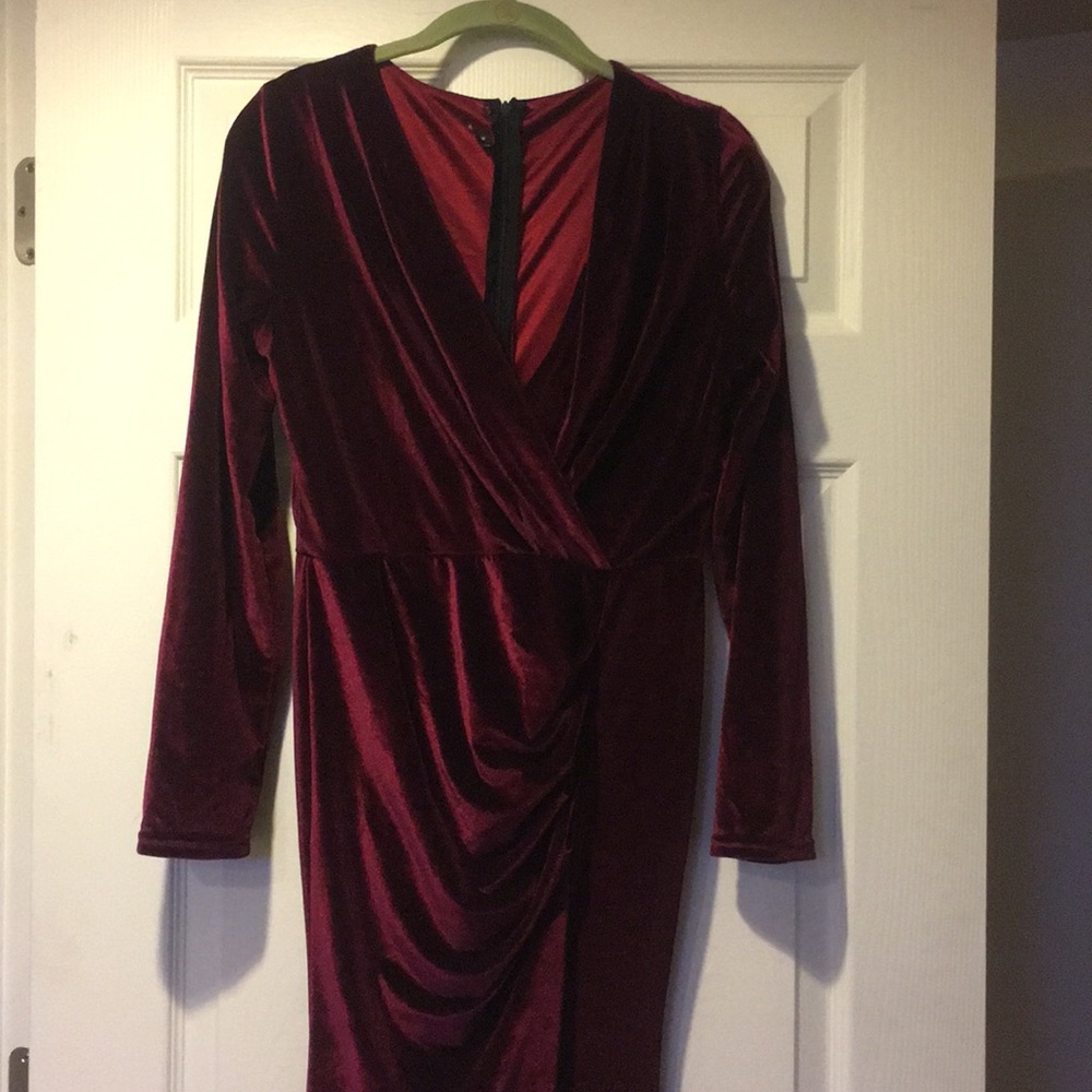Long Plunging Burgundy Velvet Dress with Slit
